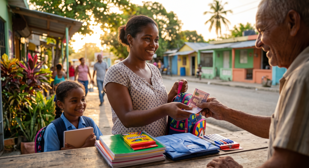 Mujer recogiendo bono a mil en República Dominicana