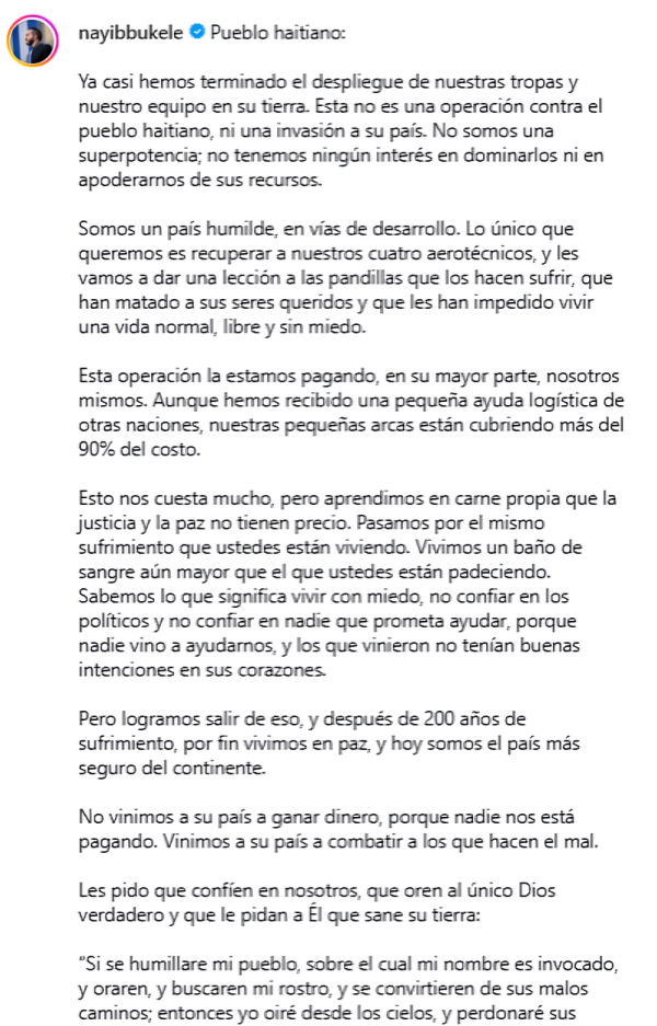 Bukele explica misión de sus tropas en Haití y envía mensaje al pueblo