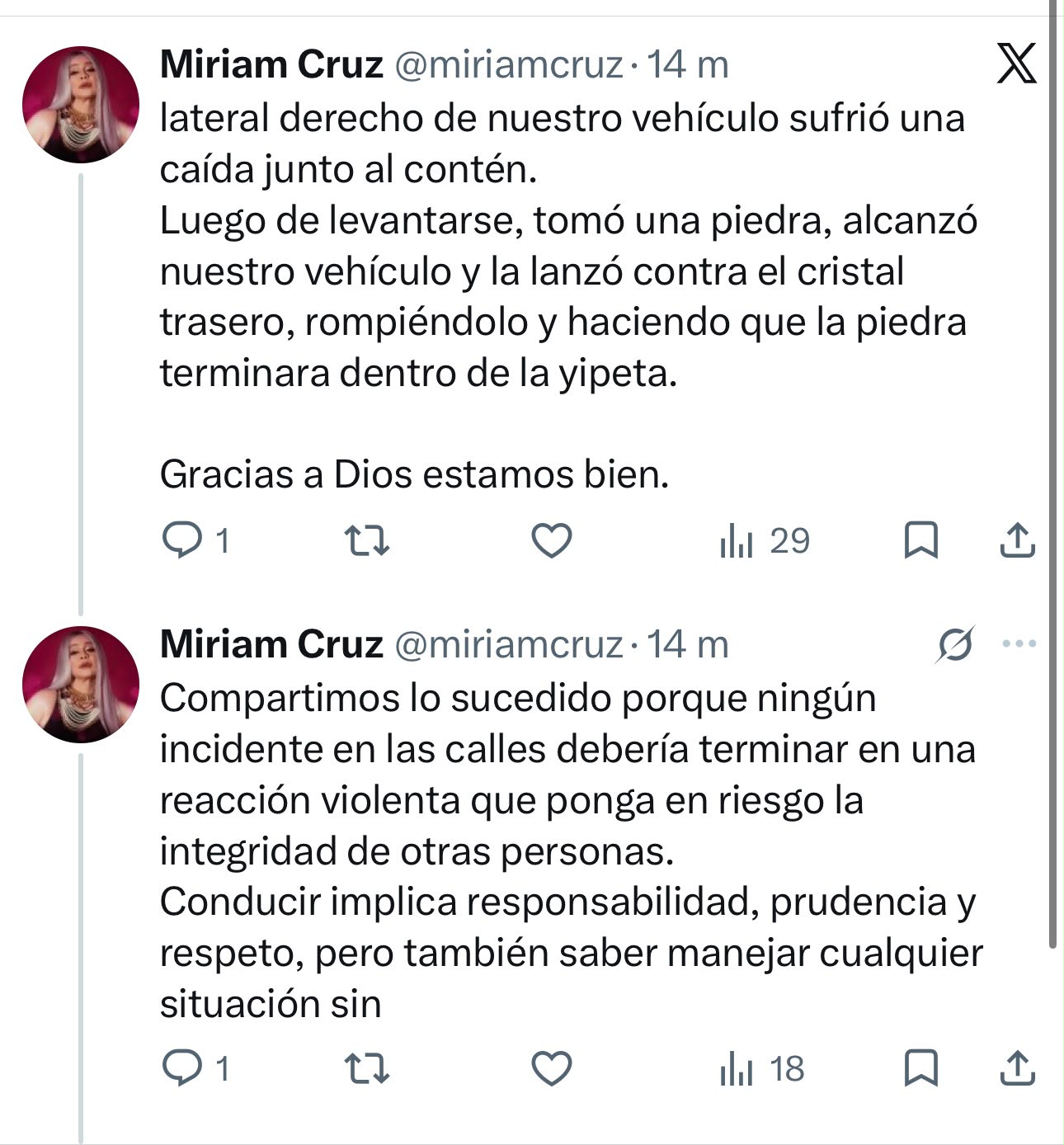 Miriam Cruz vive inesperado momento en plena vía con un motorista