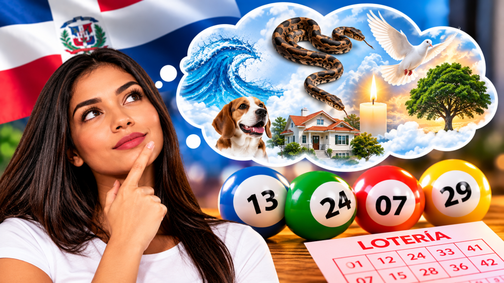 Mujer pensando en el significado de los sueños y sus números de la suerte según la charada dominicana, junto a bolas de lotería.